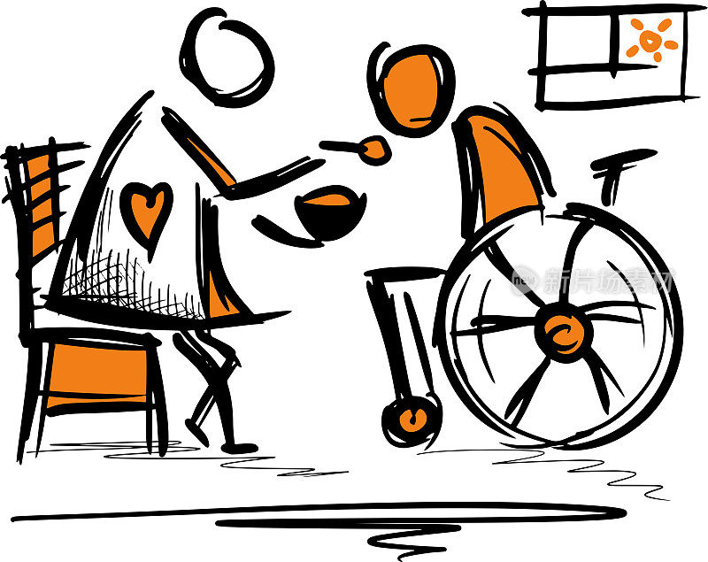 坐轮椅的病人得到食物。在疗养院/医院工作的护理助理，CNA，护理人员或护士助理。